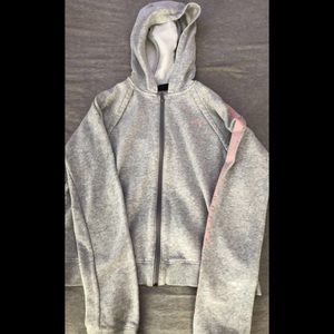 gray and pink under armour zip up hoodie